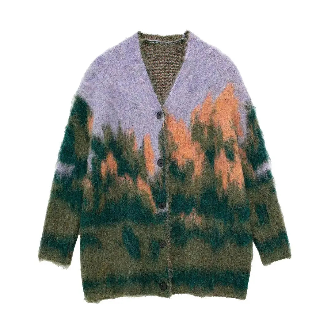 Vintage Woman Print Cardigan Knitted V-neck Long Sleeves Single Breasted Sweater Coat 2025 Autumn Casual Women's Outwear