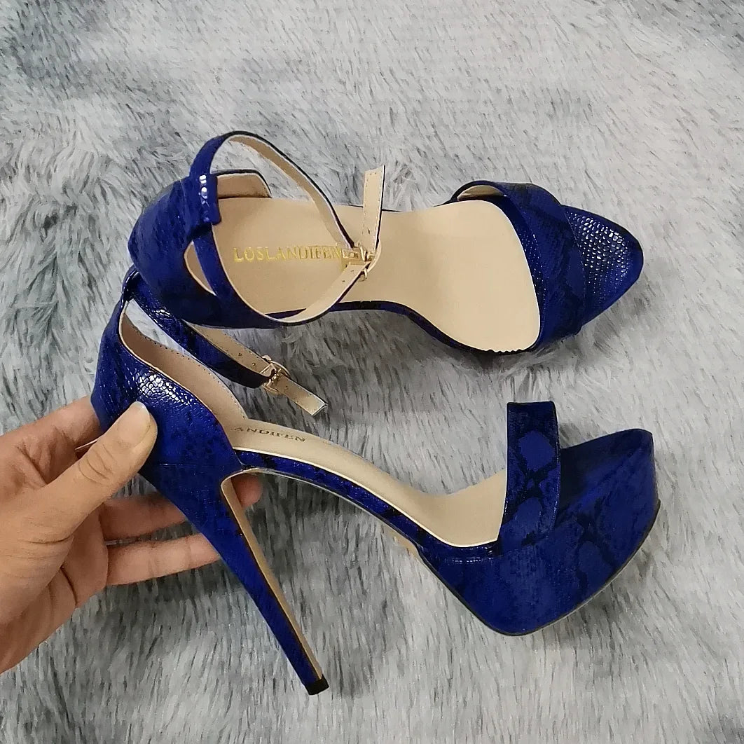Women Sandals Sexy Open Toes 14cm Supper Flash High Heels Patent Leather Nighclub Platform Party Red Wedding Shoes Plus Size 44