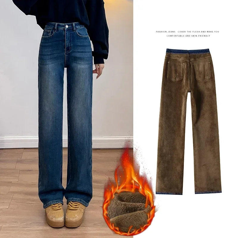 Winter Thickened Women's Mink Velvet Jeans Loose Straight Warm Soft Fleece Fashion Elastic High Waist Female Pants Black Blue