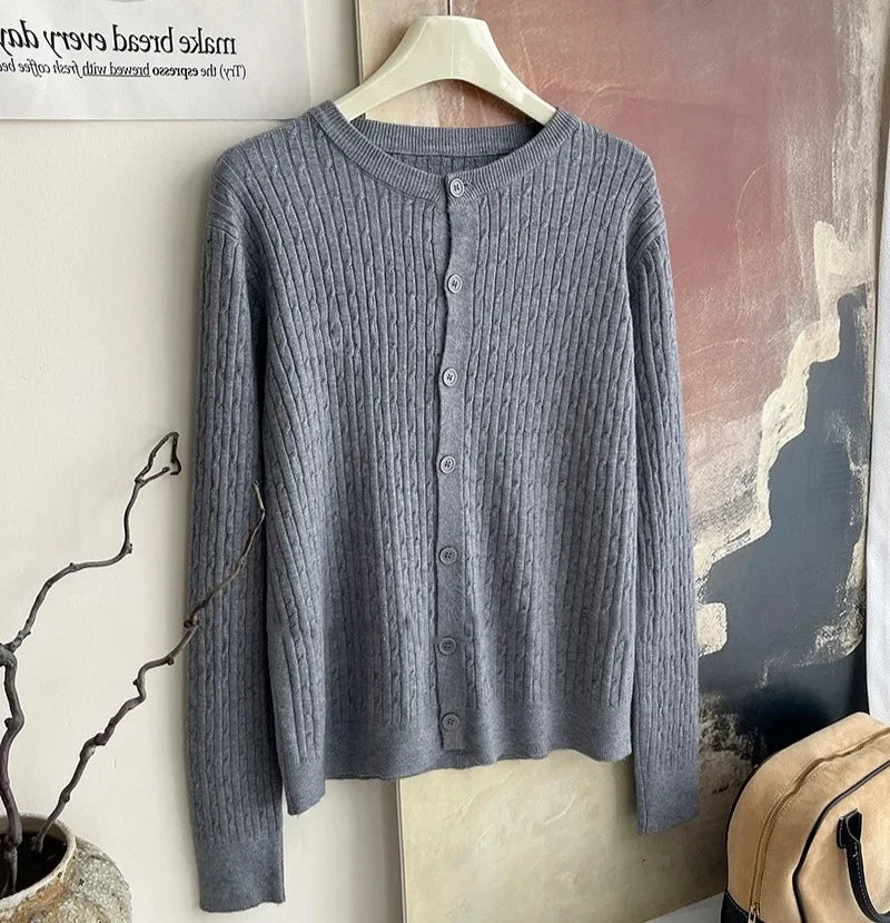 2025 Pure Color Long Sleeve Single Breasted Knitted Sweater Autumn Winter Women's Crew Neck Cardigan New Casual Versatile Tops
