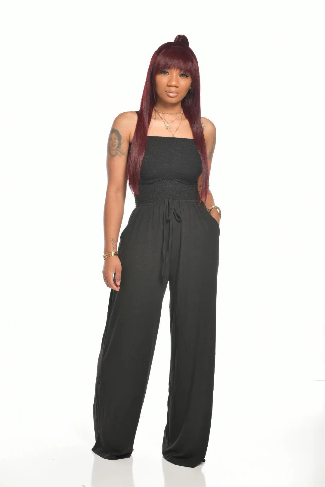 2025 Women Loose Wide Leg Pants Summer Female Drawstring Pocket Full Beachwear Trousers  Bodysuit Sexy Wrapped Chest Clothing