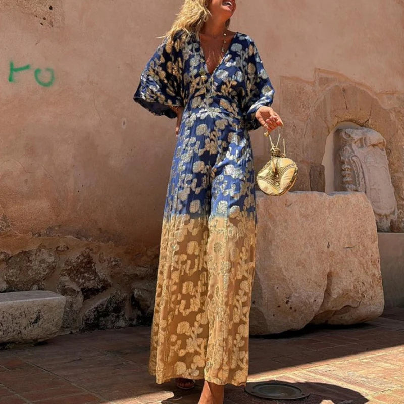 High Street V-neck Loose Slit Pants One Piece Elegant Print Waist 2024 Romper Women Lady Flare Sleeve Hollow Back Beach Jumpsuit