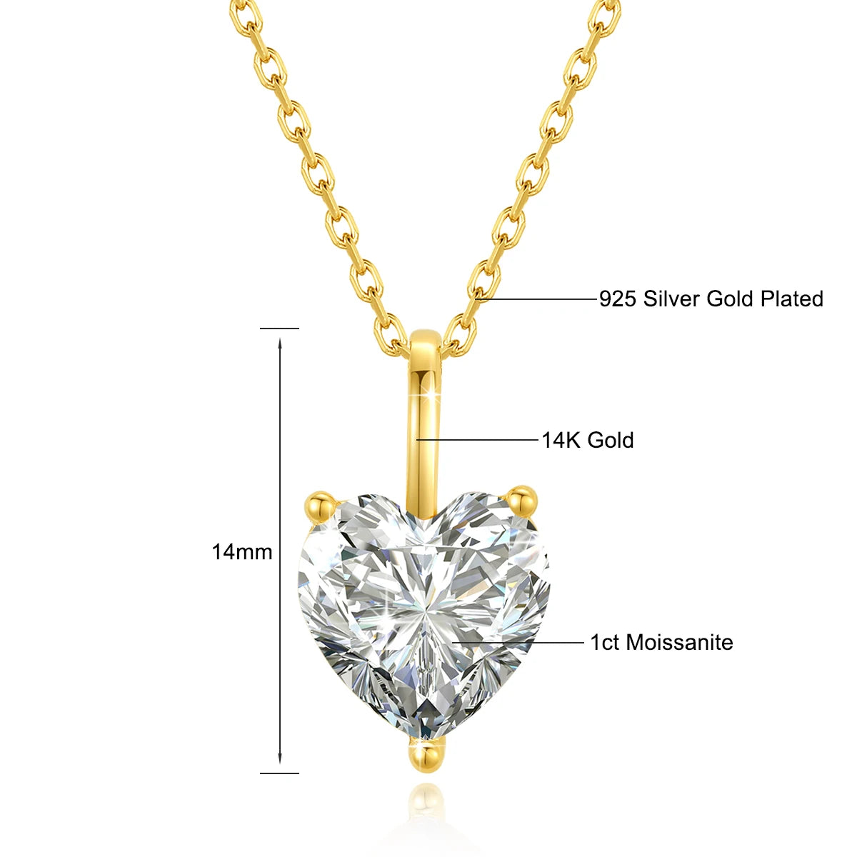 Real 14K Gold Moissanite Stud Earrings Heart Shape Pendant Necklace Au585 Diamond Jewelry Set for Women Engagement Romantic Gift