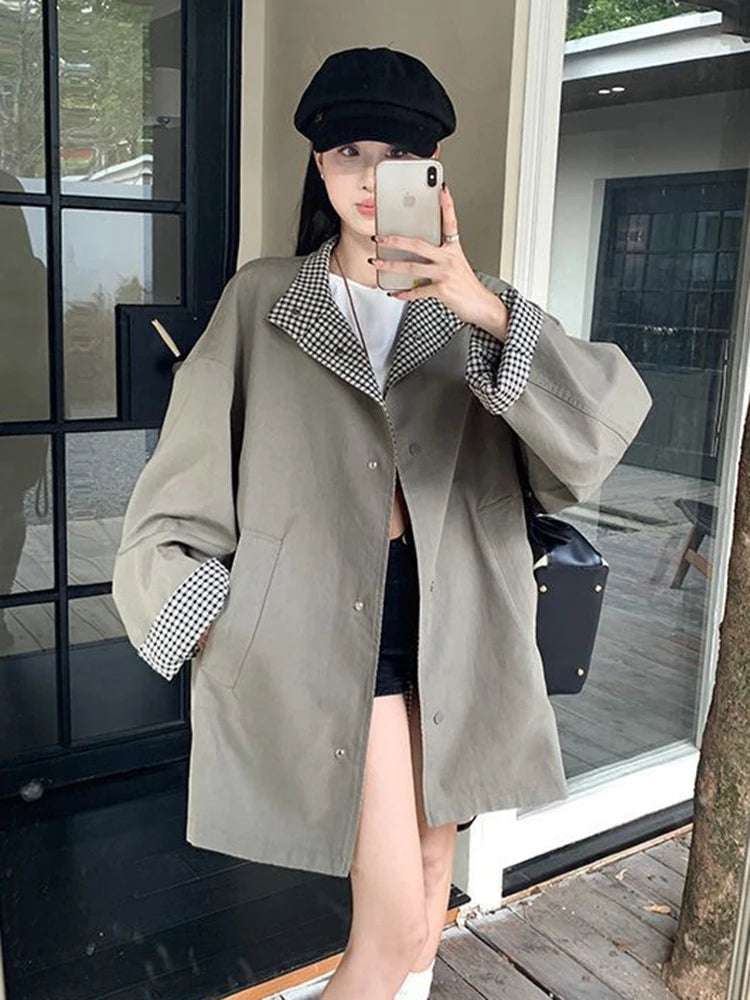 Zoki Korean Chic Elegant Jacket Women Loose Design Double Sided Wear Plaid Coat Fall Fashion Long Sleeve Sweet Pockets Outwear