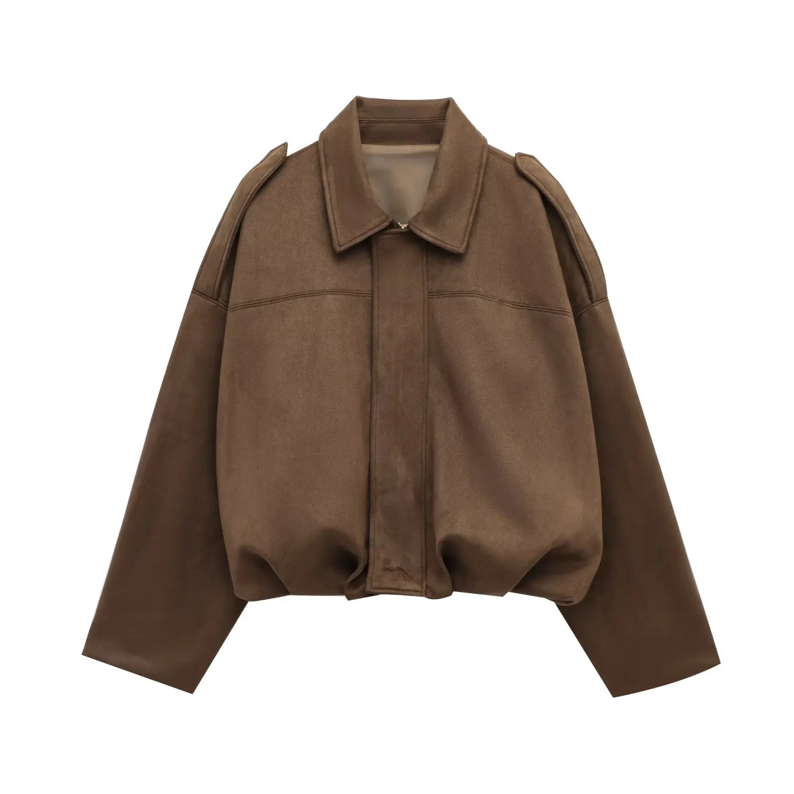 2025 Women Faux Suede Collared Jacket with Shoulder Straps Loose Fit Stylish Olive Green for Sale on