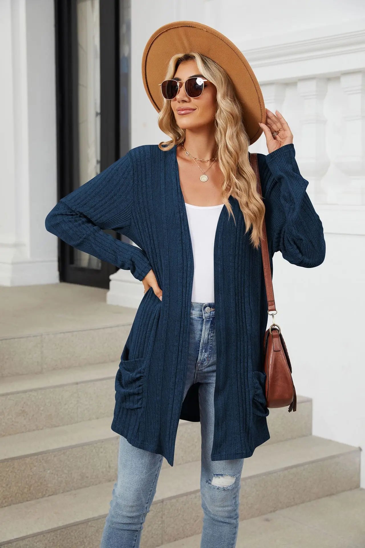 Autumn Winter New Solid Color Pit Stripe Brushed Pocket Cardigan Best Selle Long Sleeved Jacket for Woman Clothes