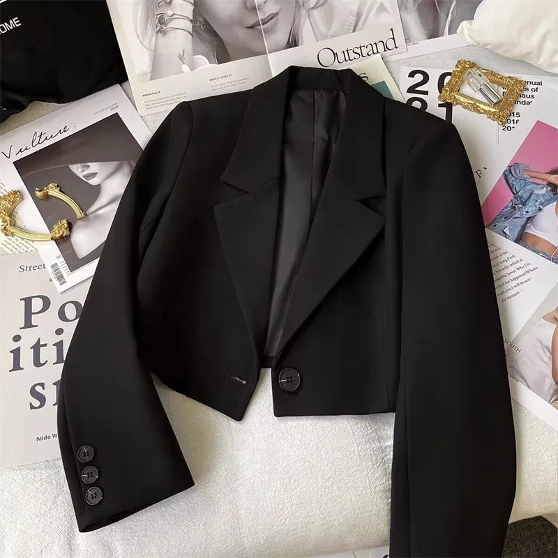 2025 Autumn Black Cropped Blazers Woman Trend New All-match Notched Collar Crop Jacket Women Korean Chic Single Button Suit Coat