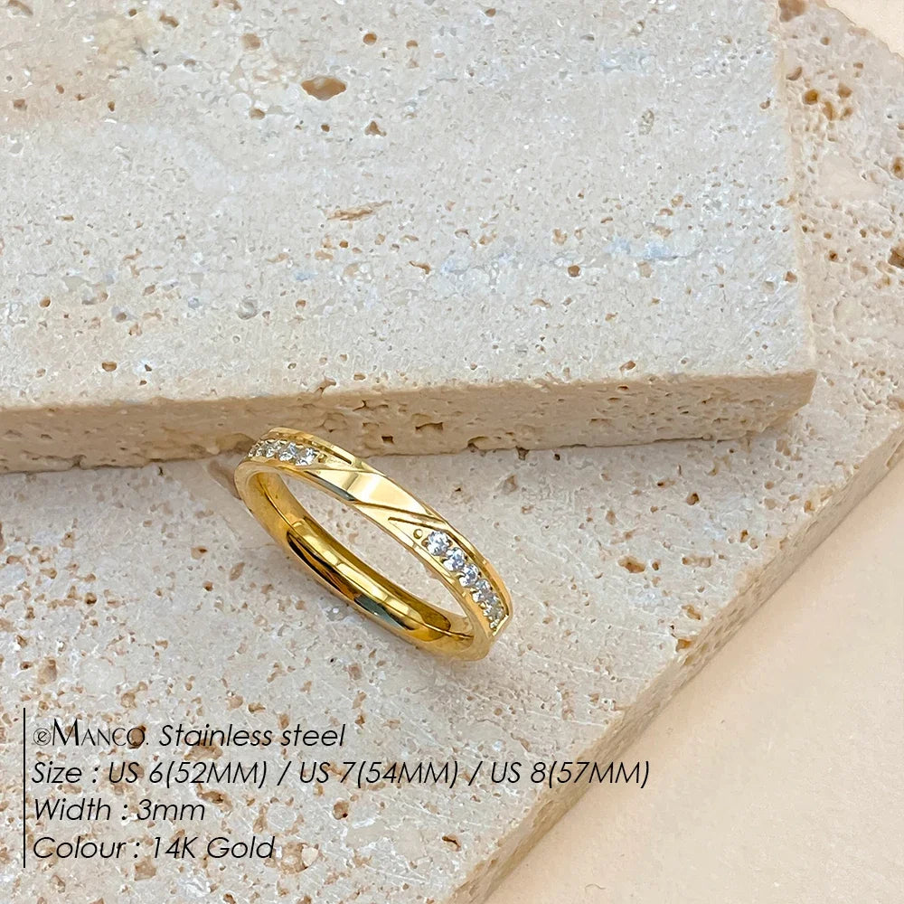 eManco Gorgeous Minimalist Twisted Band Crystal Stainless Steel PVD Ring Gold Color Women's Daily Office Date Trendy Jewelry
