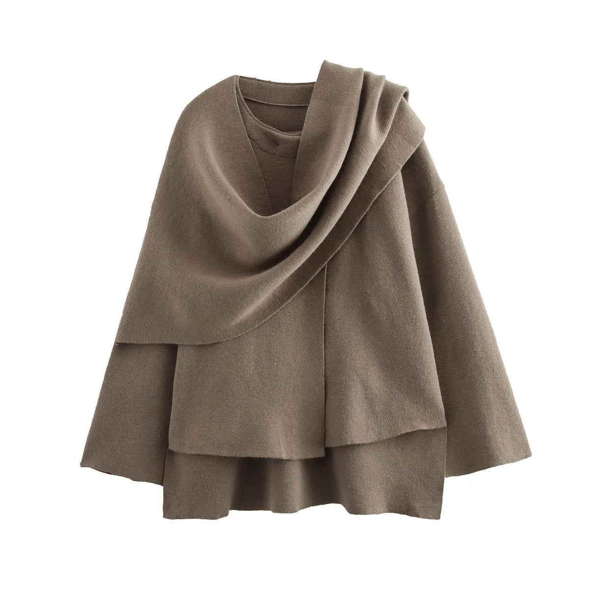Women Fashion Scarf Decorated Woolen Jacket Casual Solid Long Sleeve Loose Warm Overcoat 2025 Autumn Winter New Lady Chic Coat