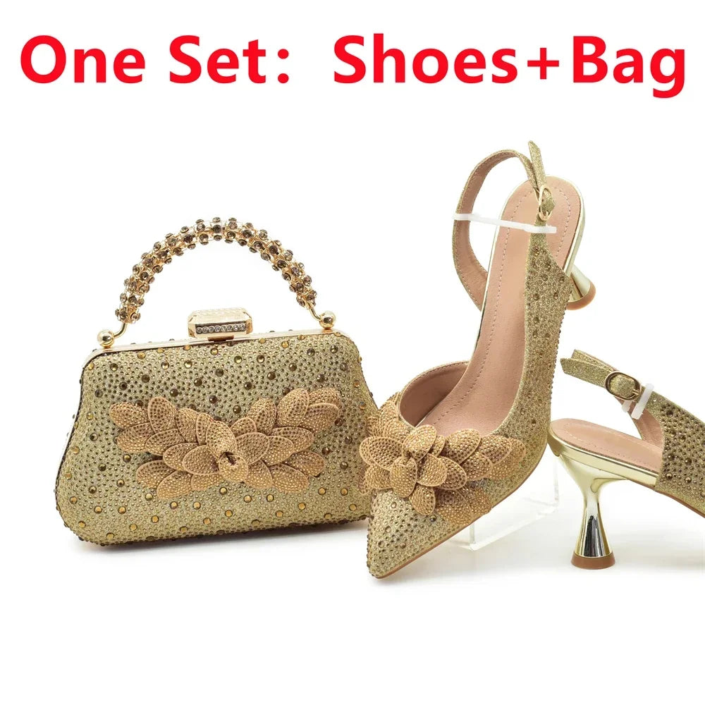 2024 Nigerian Style Rhinestone Medium Heeled Sandals for Women Fashion Wedding Party Shoes and Bags Set with Rhinestone