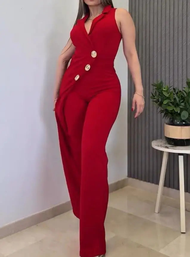 2025 Elegant Sexy Button Decor Notched Collar Overlap V-Neck Sleeveless Wrap Front Overalls Casual Zipper Back Long Jumpsuit
