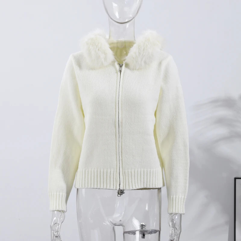 2025 Autumn Winter Women's Knitted Fur Hooded Cardigan Double Zipper Full Sleeve Sweater Fashion Warm Solid All-match Knitwear