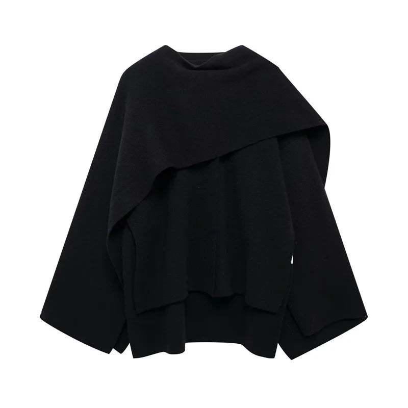 Women Fashion Scarf Decorated Woolen Jacket Casual Solid Long Sleeve Loose Warm Overcoat 2025 Autumn Winter New Lady Chic Coat