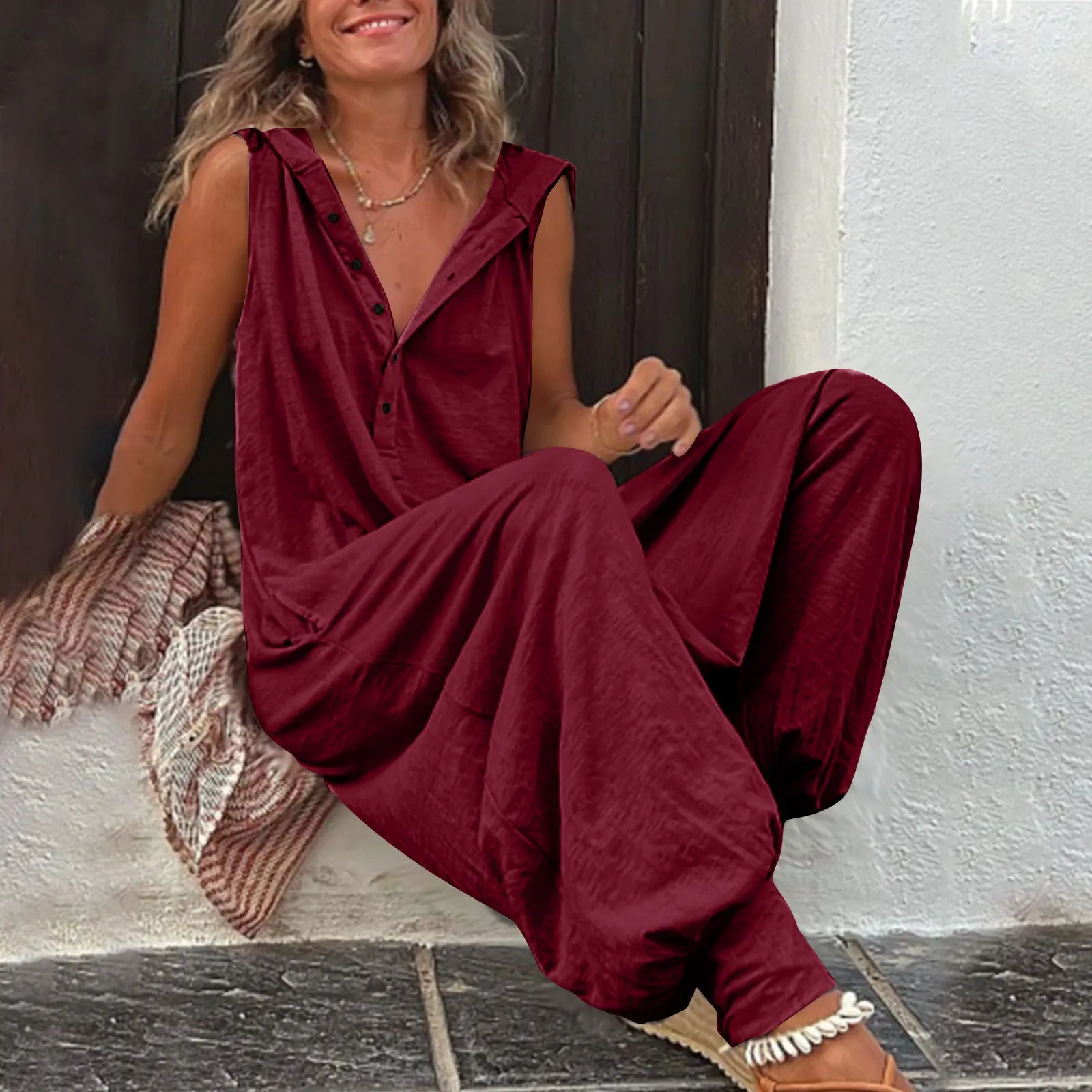 Fashionable Sleeveless Hooded Collar Jumpsuit Women Spring Summer Button Pocket Loose Casual Baggy Pants Jumpsuits Female