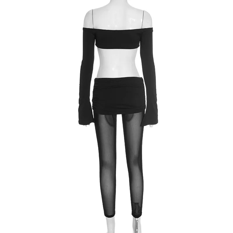 Women Sexy See Through Mesh Patchwork Skinny Jumpsuits Slash Neck Off Shoulder Flare Long Sleeve Backless Ruched Club Overalls