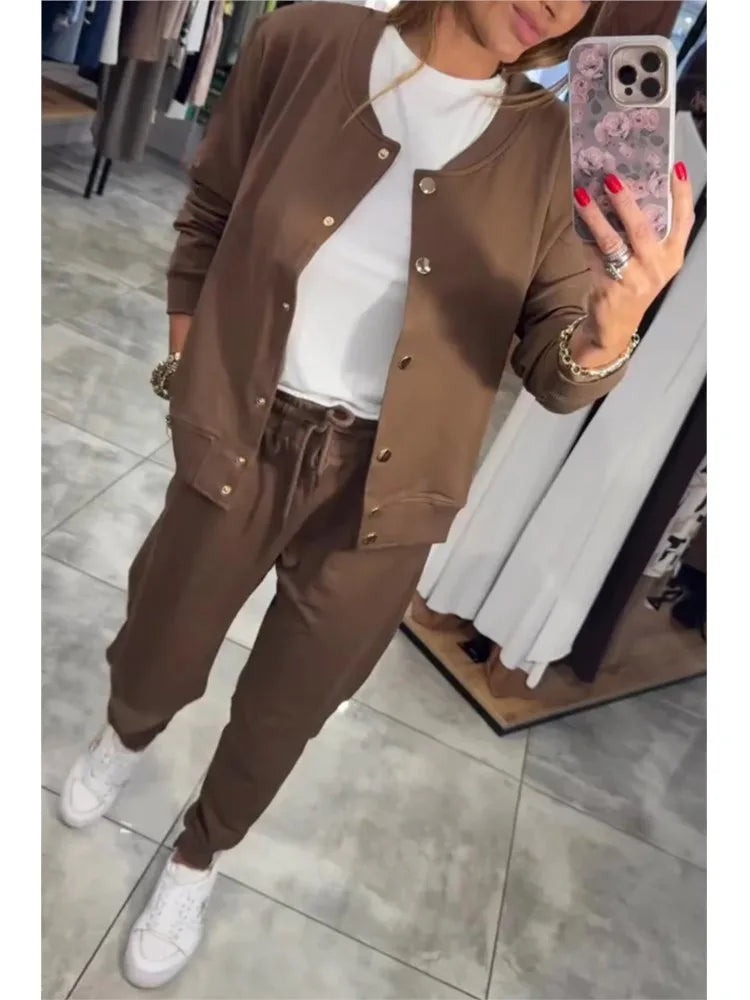 Casual Solid Color Women's Jacket And Women Suit Autumn Winter Loose Sports Sweatshirt + Small Feet Trousers 2-piece Set Female