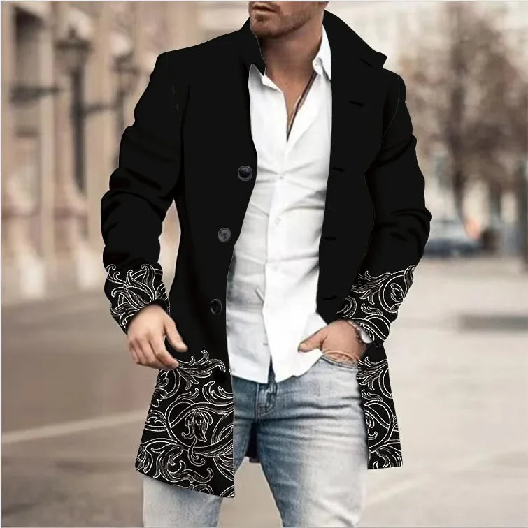 Autumn Winter Retro Print Woolen Coat Men Casual Single Breasted Lapel Long Sleeve Coat Men Fashion Loose Pocket Mid Long Jacket