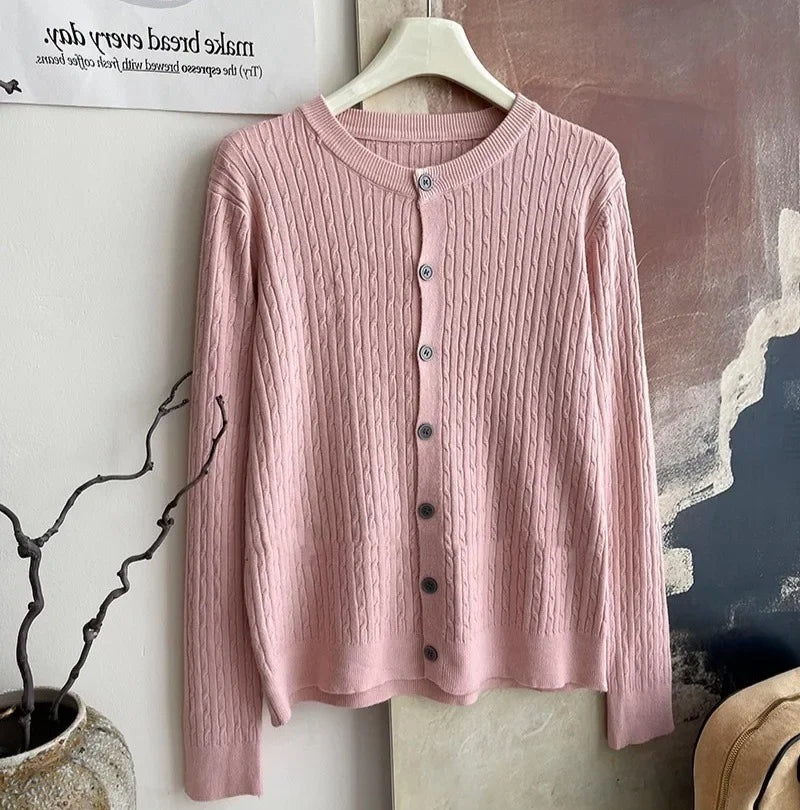 2025 Pure Color Long Sleeve Single Breasted Knitted Sweater Autumn Winter Women's Crew Neck Cardigan New Casual Versatile Tops