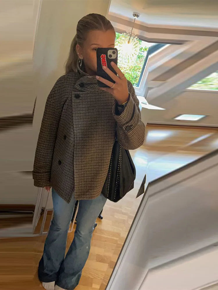 Fashion Houndstooth High Collar Woolen Coats For Women Chic Long Sleeve Single Breasted Jacket 2025 Autumn Winter Lady Outerwear
