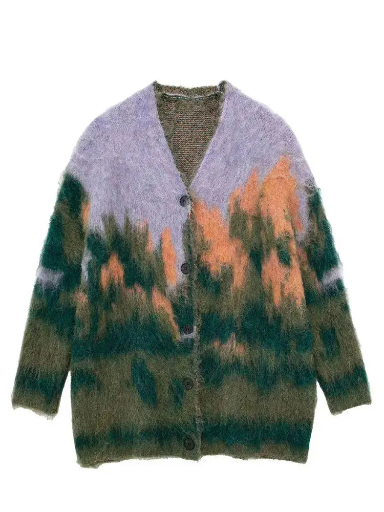 Vintage Woman Print Cardigan Knitted V-neck Long Sleeves Single Breasted Sweater Coat 2025 Autumn Casual Women's Outwear