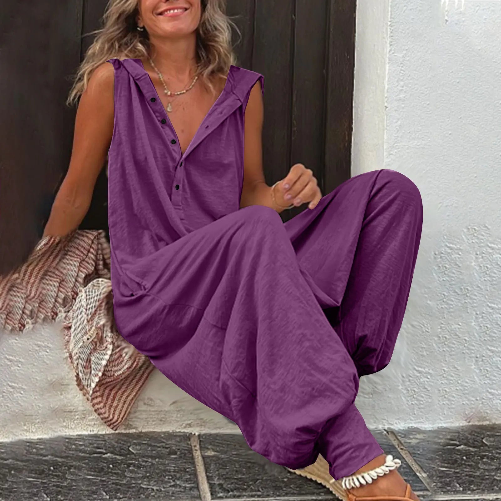 Fashionable Sleeveless Hooded Collar Jumpsuit Women Spring Summer Button Pocket Loose Casual Baggy Pants Jumpsuits Female