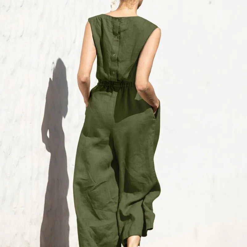 Women Fashion Wide Leg Pant Jumpsuit Summer Casual Solid O- Neck Sleeveless Pocket Playsuit Ladies Loose Boho One-Piece Pants