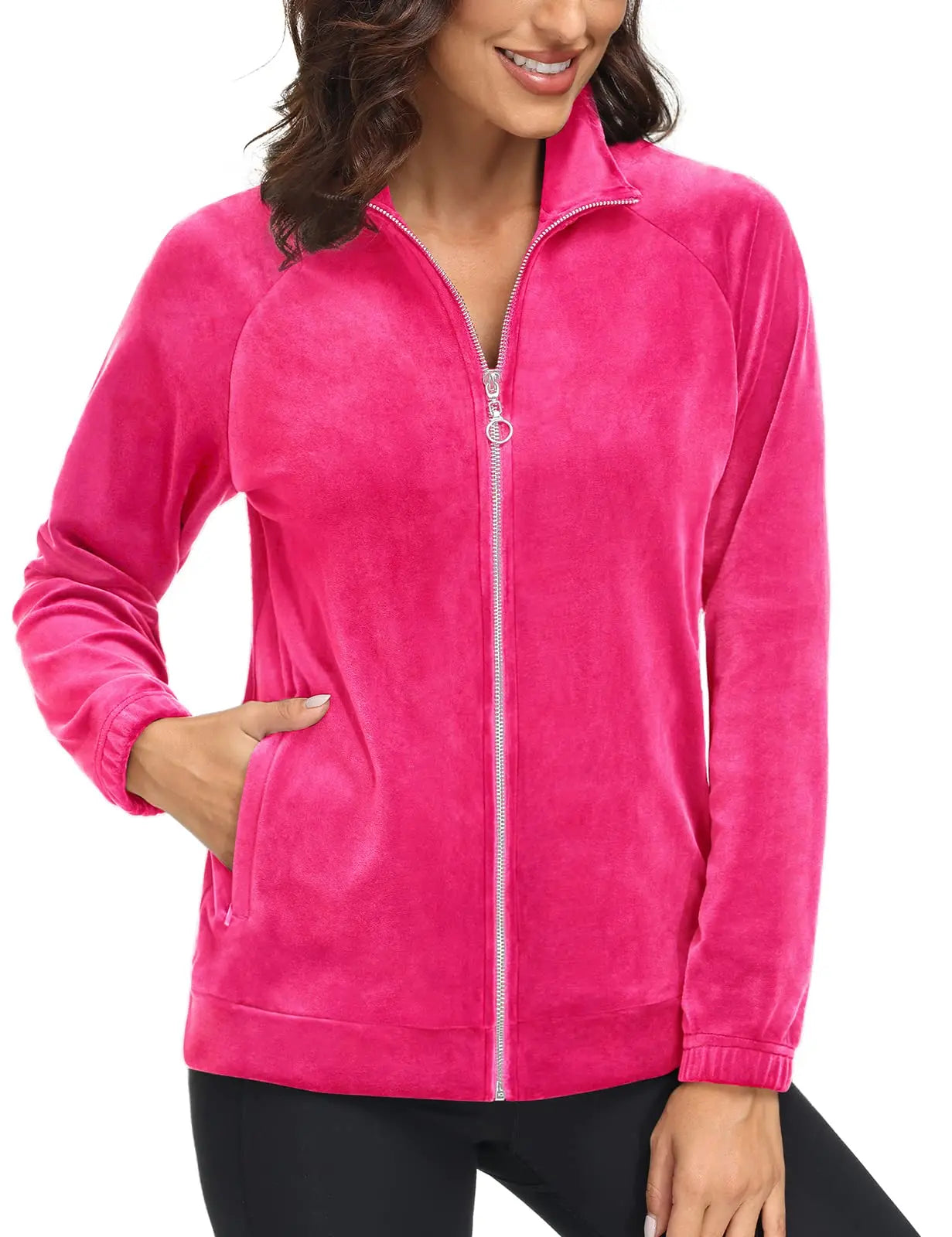 TACVASEN Fleece Velour Full Zip-up Casual Jackets Womens Lightweight Soft Velvet Coat 2 Zipper Pockets Stand Collar Sweatshirts