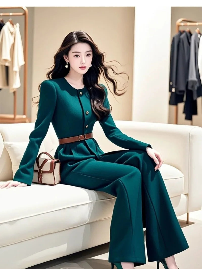 New High Quality Autumn Winter Women's Jumpsuit Fashion High Waist Slim Long Sleeve Solid Color Elegant Wide Leg Pants Rompers