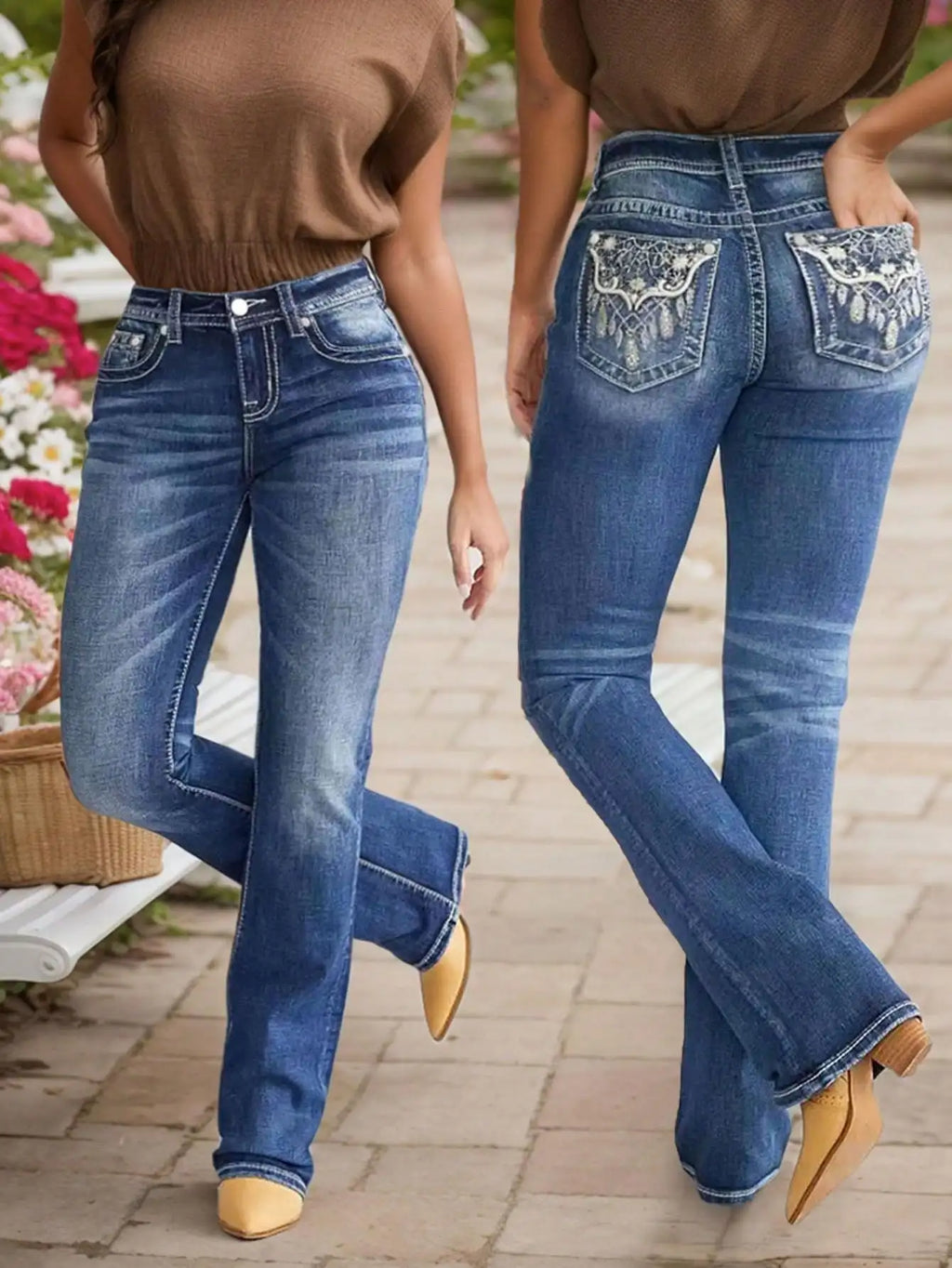Flare Women's Jeans with Wash Embroidery - Stylish and Comfortable Denim Pants for Every Occasion