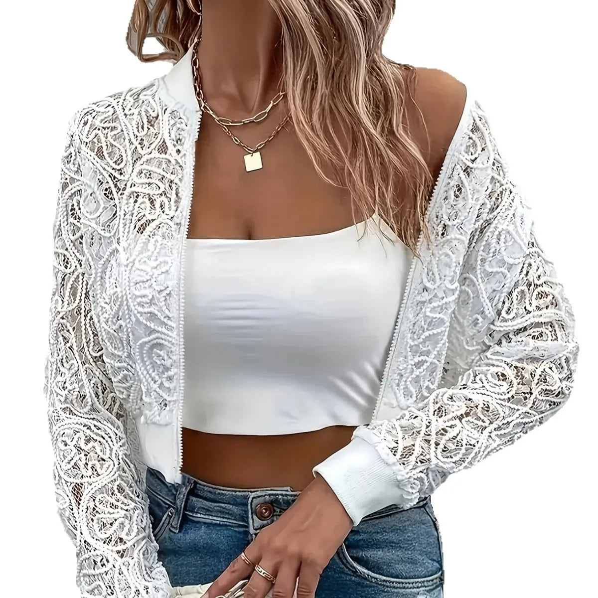 European and American style white lace zipper short coat fashionable hollow slim cardigan top, new in spring and autumn