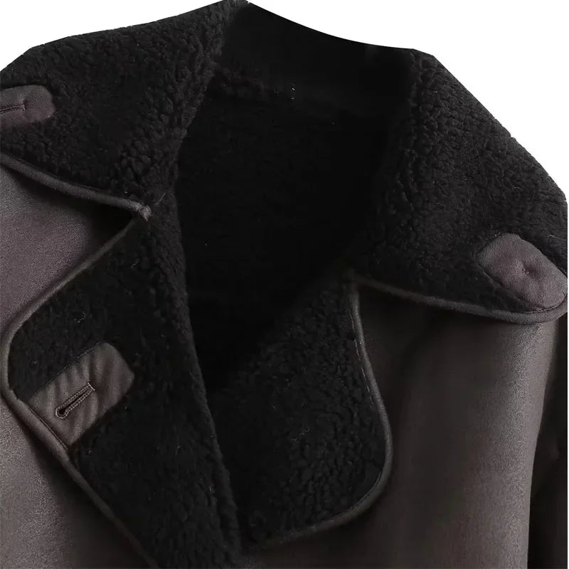 HXAO Woman Thick Faux Leather Jackets for Women Coat Autumn Winter Warm Wool Blends Coats Demi-season Plush Jacket Outerwear