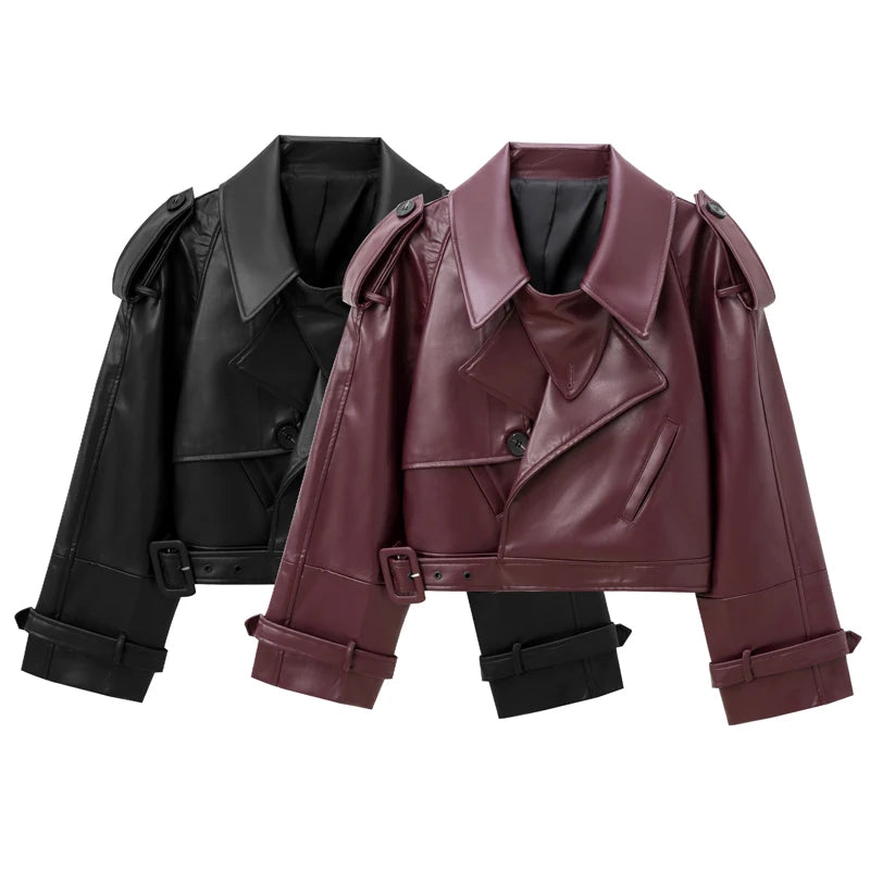 HXAO Cropped Leather Jacket Women's Jacket Autumn 2025 Burgundy Black Outerwears Women's Long Sleeve Top Coat Motorcycle Jacket
