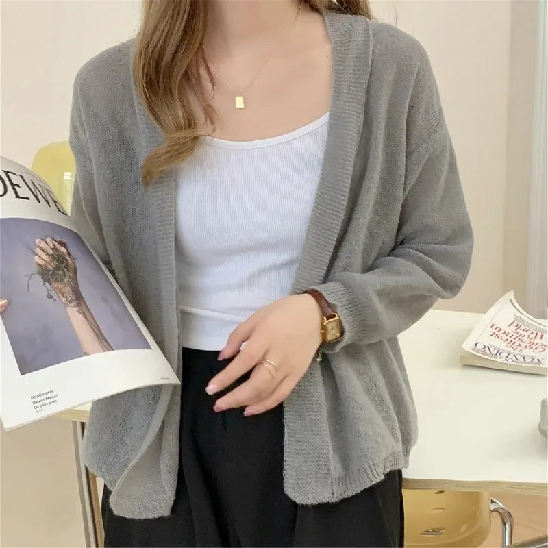 2025 Korean Style Women Long Sleeve Elegant Cardigan Sweater Autumn Solid Color Knitted Top Casual Knitwear
