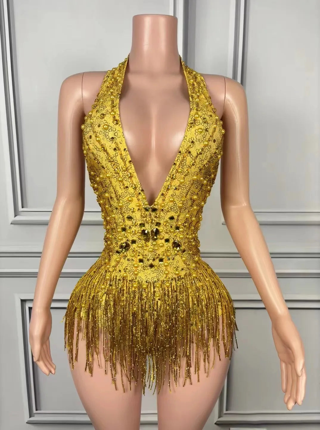 European and American Sexy Deep V Pink Tassel Jumpsuit Gogo Female Singer Stage Collar Dance Costume Car Show Model Performance