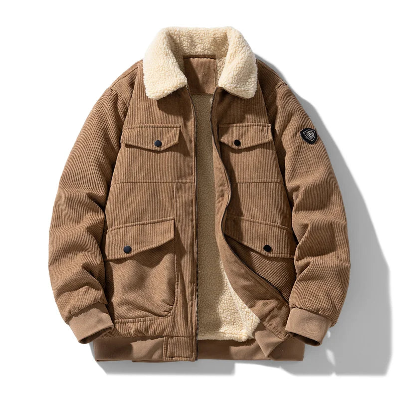 2025 Winter Collar Corduroy Jacket for Men, Casual, Comfortable, Loose, High Quality, Simple, Versatile,and Plush Jacket for Men