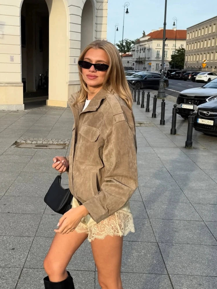 Fashion Short Women Suede Jacket Chic Stand Collar Zipper Pocket Loose Coats Casual Ladies Autumn New Daily Highstreet Outerwear