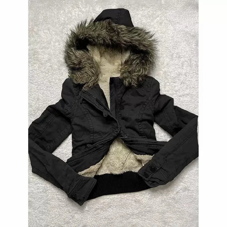Gothic Y2K Vintage Fur Lined Hooded Jacket Womens White Button Zipper Coat with Faux Fur Trim Fashion Casual Warm Coats