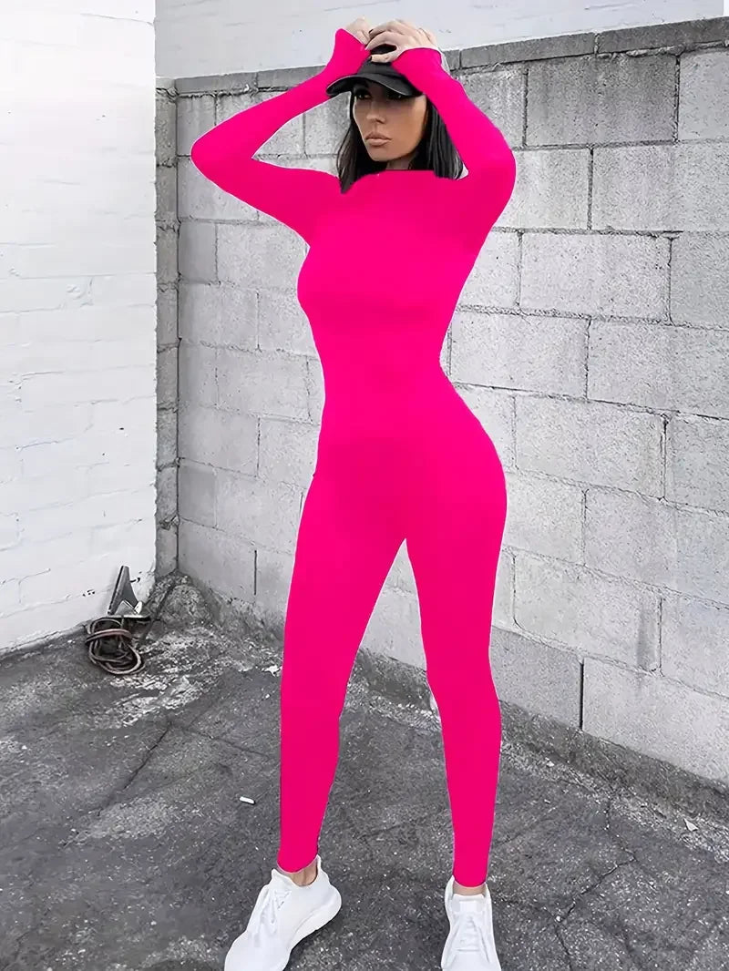 solid black/gray long sleeve skiing jumpsuit women elastic hight outfit fashion fitness sportwear slim rompers streetwear