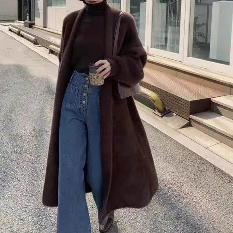 FSMG Elegant Solid Long Pure Imitation Mink Fleece Cardigans Women Knee Length Knitted Cashmere Sweater High Street Warm Coat