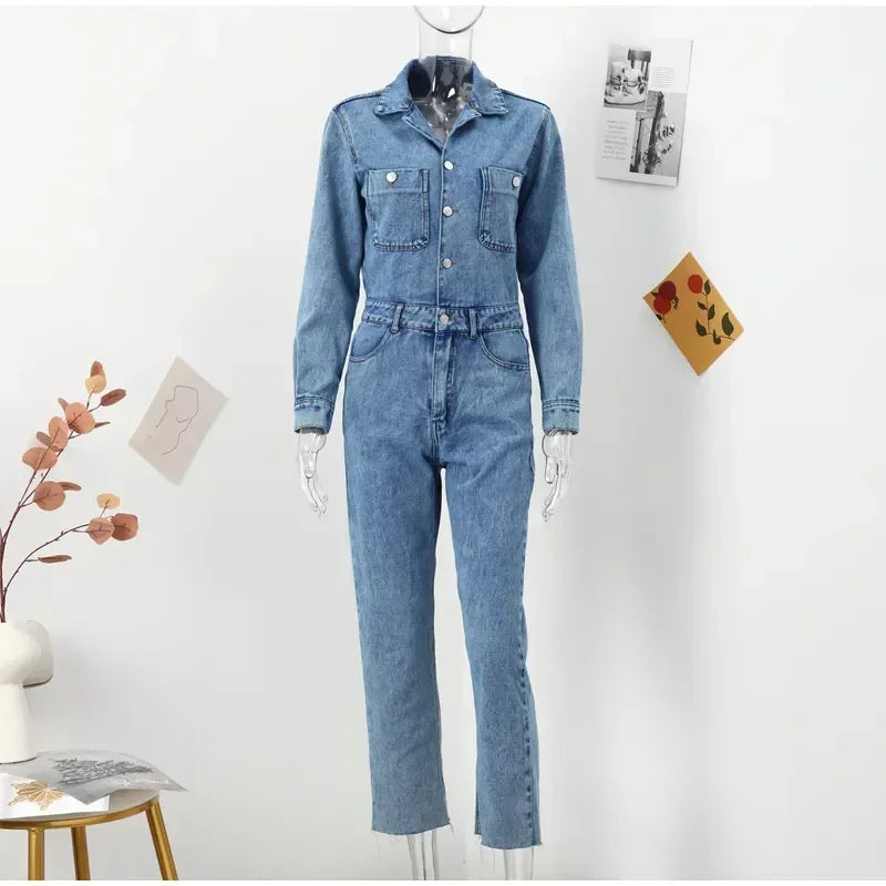 Autumn Denim Jumpsuit for Women Overalls Woman Jean Overalls Long Sleeve Elegant Jumpsuits Y2k Streetwear  Turn Down Collar