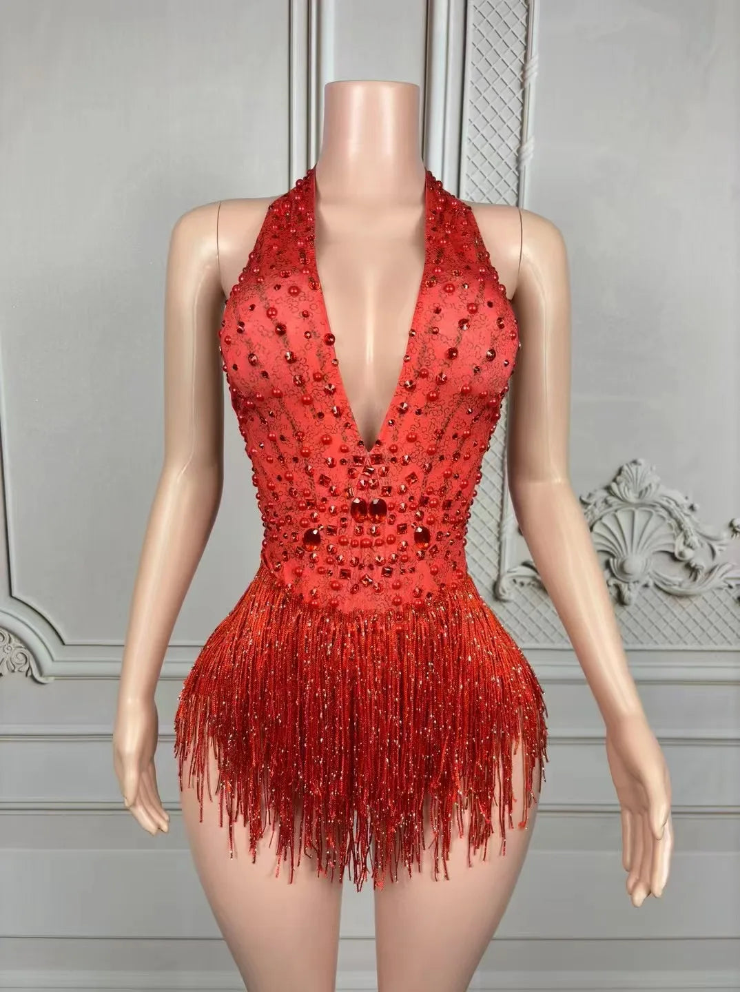 European and American Sexy Deep V Pink Tassel Jumpsuit Gogo Female Singer Stage Collar Dance Costume Car Show Model Performance
