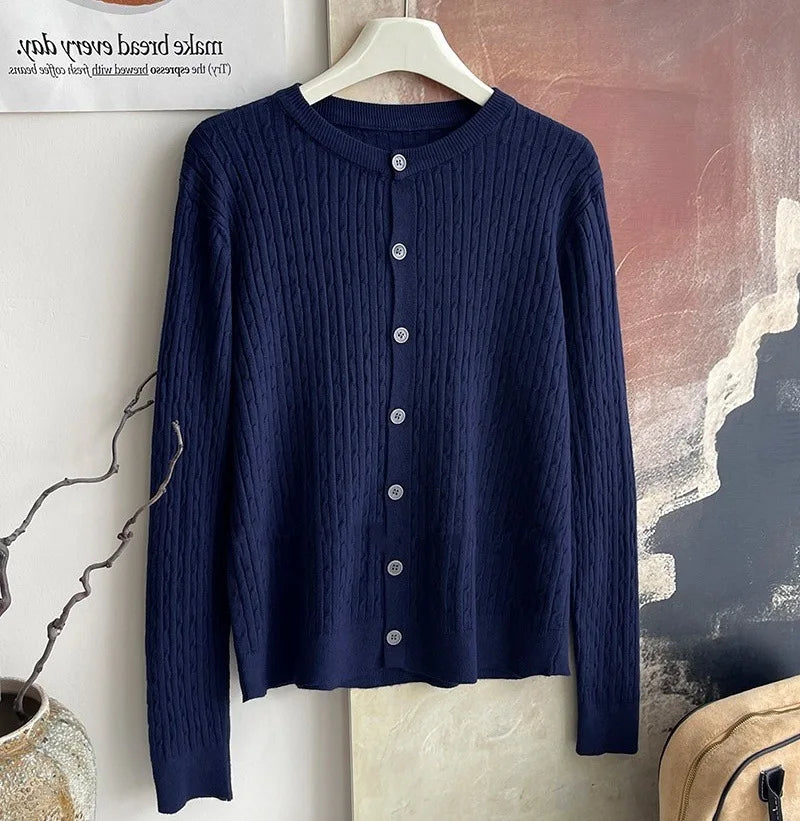2025 Pure Color Long Sleeve Single Breasted Knitted Sweater Autumn Winter Women's Crew Neck Cardigan New Casual Versatile Tops