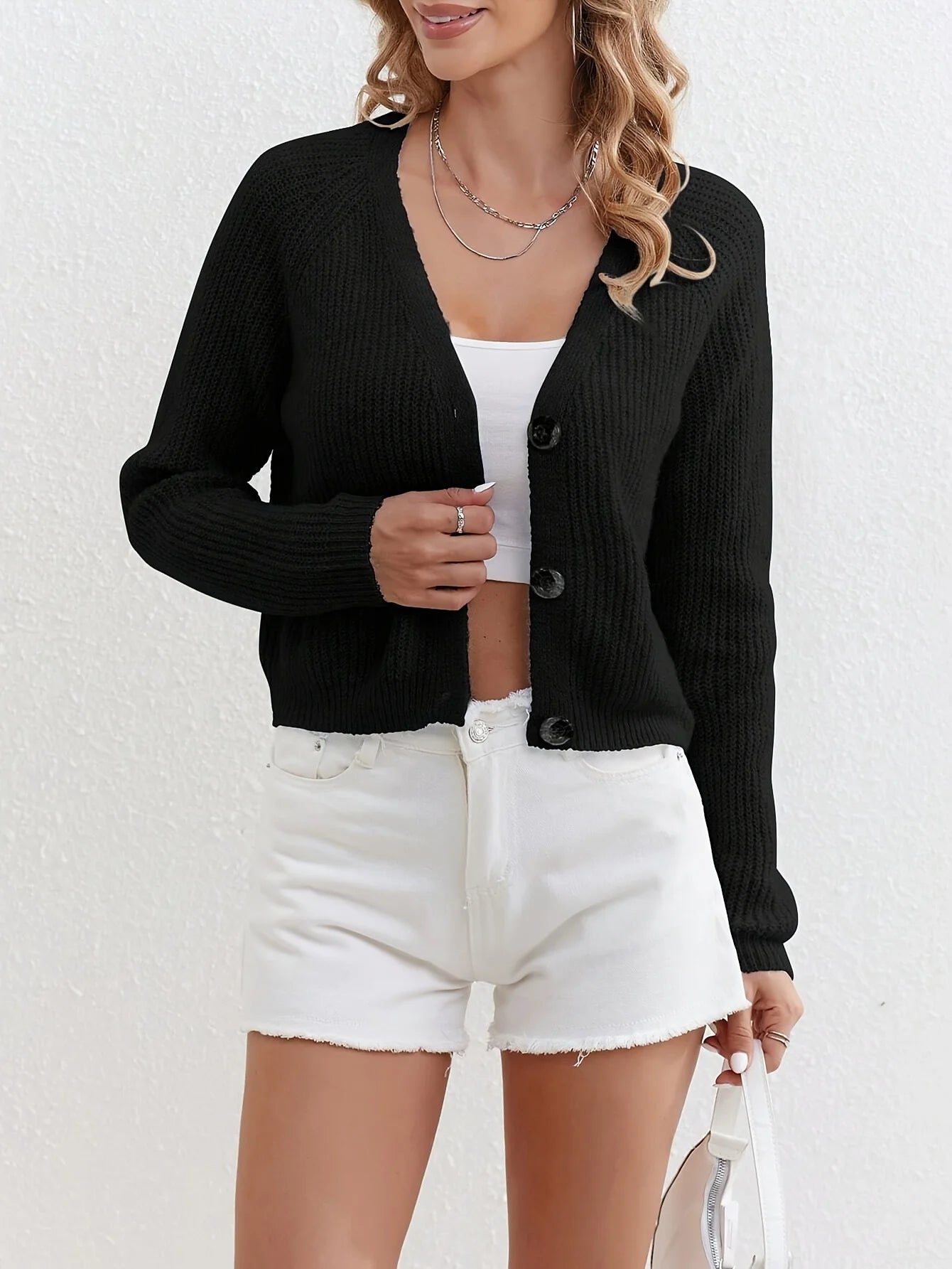 Women's Spring & Fall New V Neck Pure Color Simple Warm Slim Versatile Short Knitted Cardigan