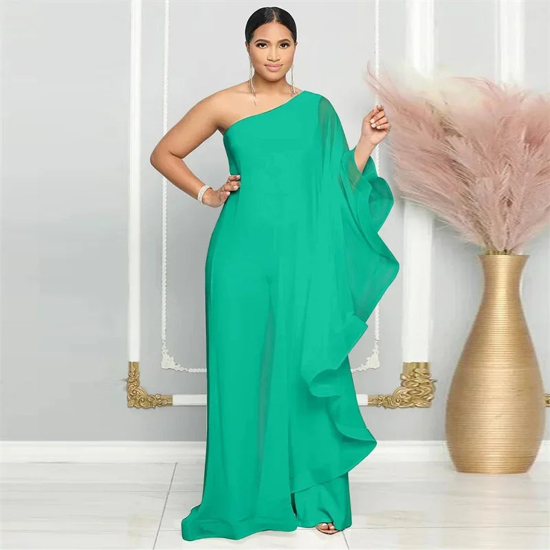 Elegant Chiffon One Shoulder Wide Leg Jumpsuit Women Club Party Birthday Outfits One Pieces Rompers Overalls Combinaison Femme