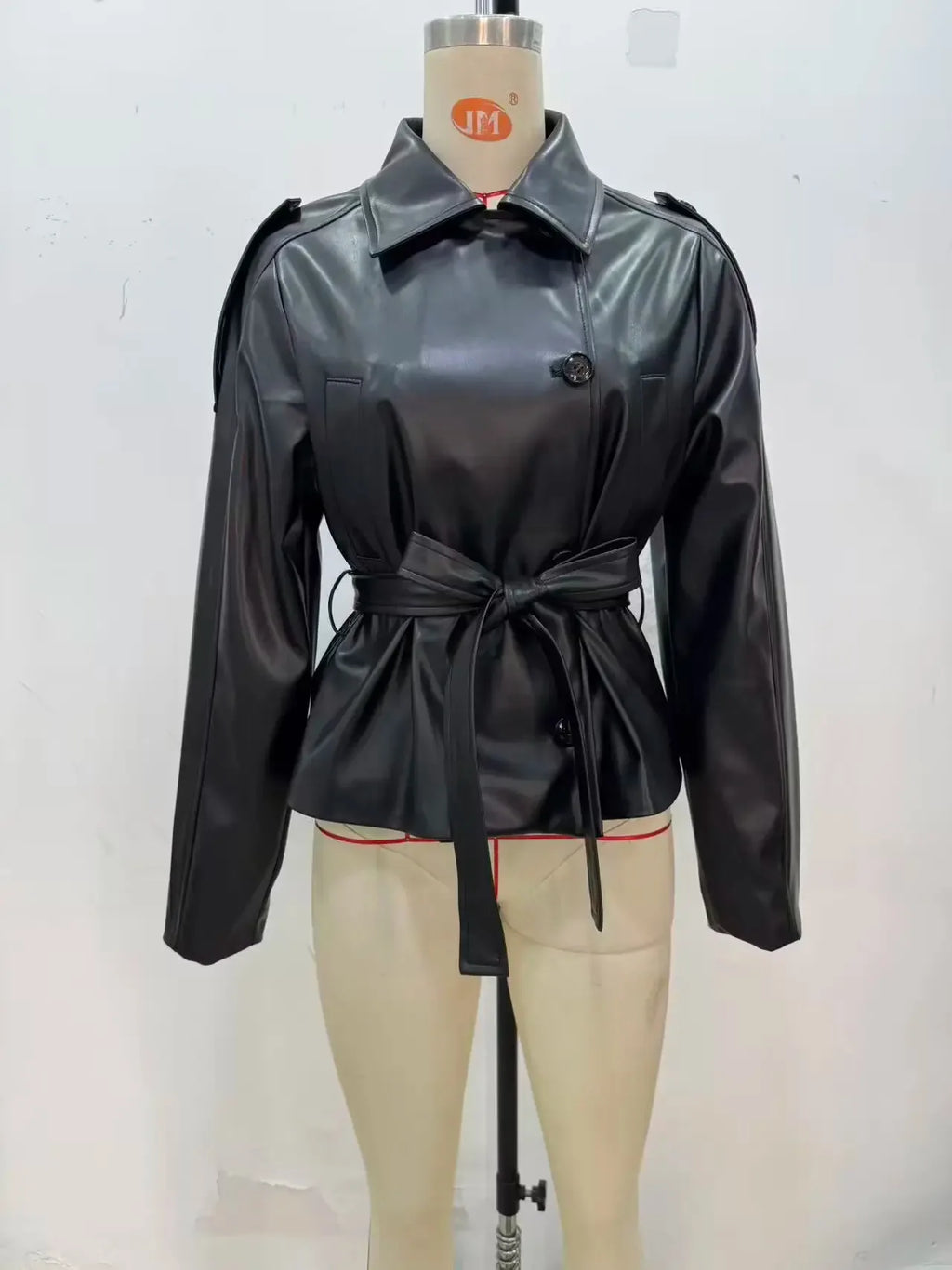 HH Women Autumn New Fashion Versatile Imitation Leather Short Windbreaker Coat Female Streetwear Slim Lapel Bow Belt Jacket