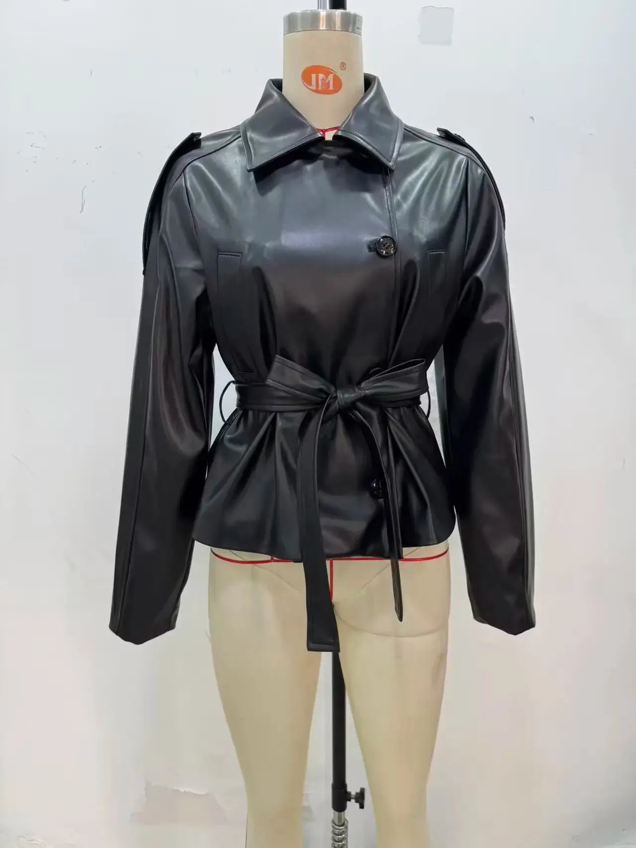 HH Women Autumn New Fashion Versatile Imitation Leather Short Windbreaker Coat Female Streetwear Slim Lapel Bow Belt Jacket