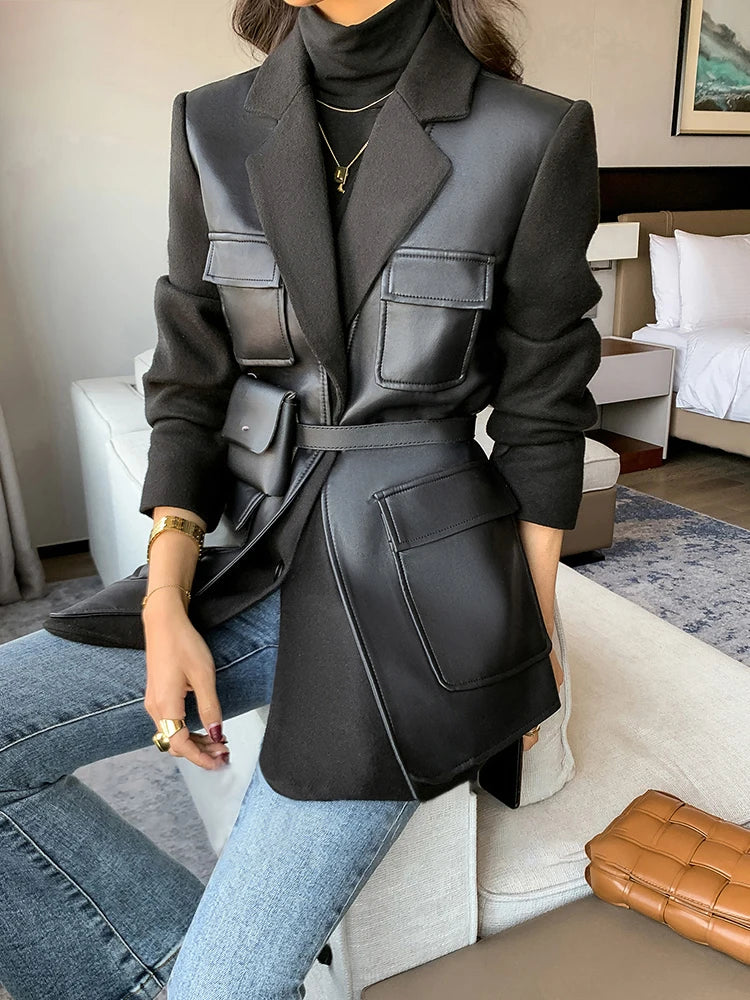 Nerazzurri Autumn Black Wool Blends Patchwork Leather Jacket Women with Many Pockets Long Sleeve Korean Fashion Streetwear 2022