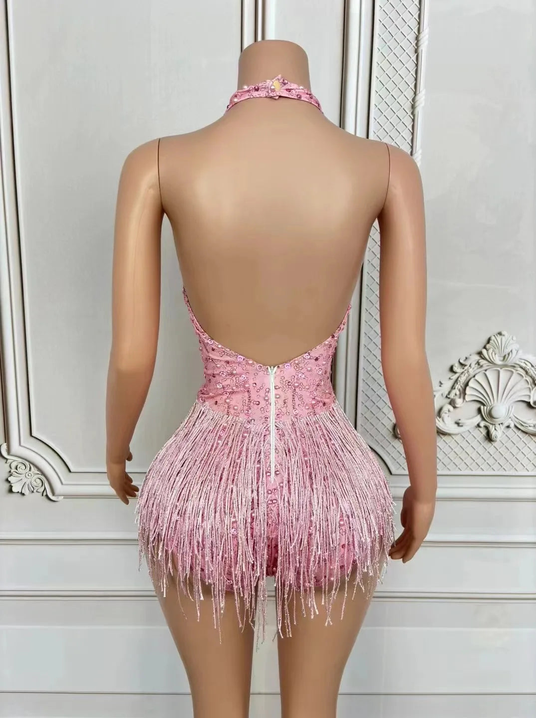 European and American Sexy Deep V Pink Tassel Jumpsuit Gogo Female Singer Stage Collar Dance Costume Car Show Model Performance