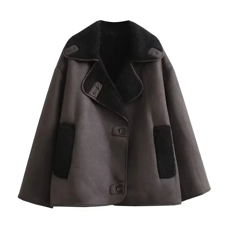 HXAO Woman Thick Faux Leather Jackets for Women Coat Autumn Winter Warm Wool Blends Coats Demi-season Plush Jacket Outerwear