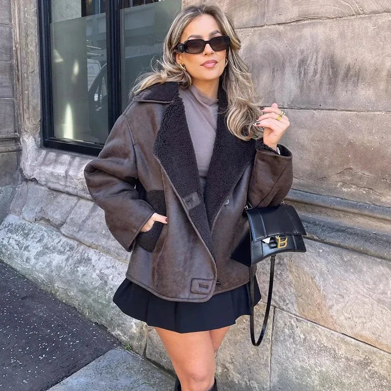 HXAO Woman Thick Faux Leather Jackets for Women Coat Autumn Winter Warm Wool Blends Coats Demi-season Plush Jacket Outerwear